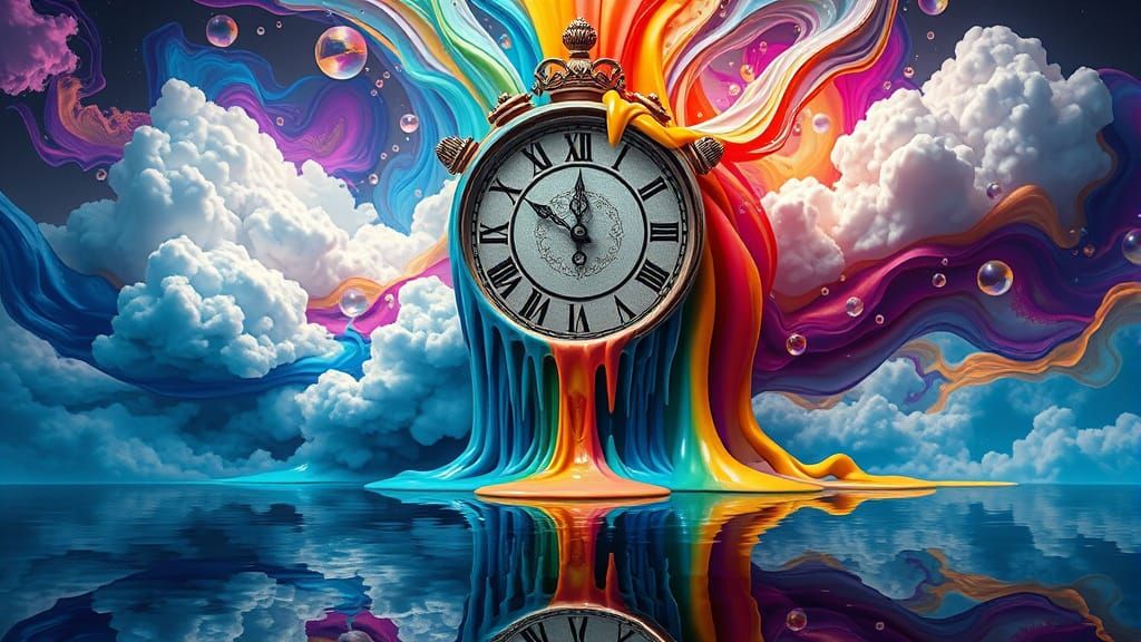 Surreal Clock Melts into Dreamlike Landscape in Digital Art