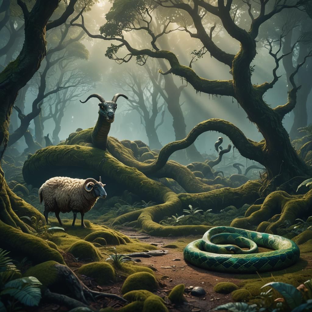 Mystic Forest: Snake Staring at Sheep