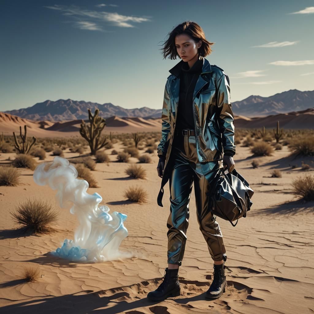A woman of 2050 dressing with jacket with pants of extrange ...