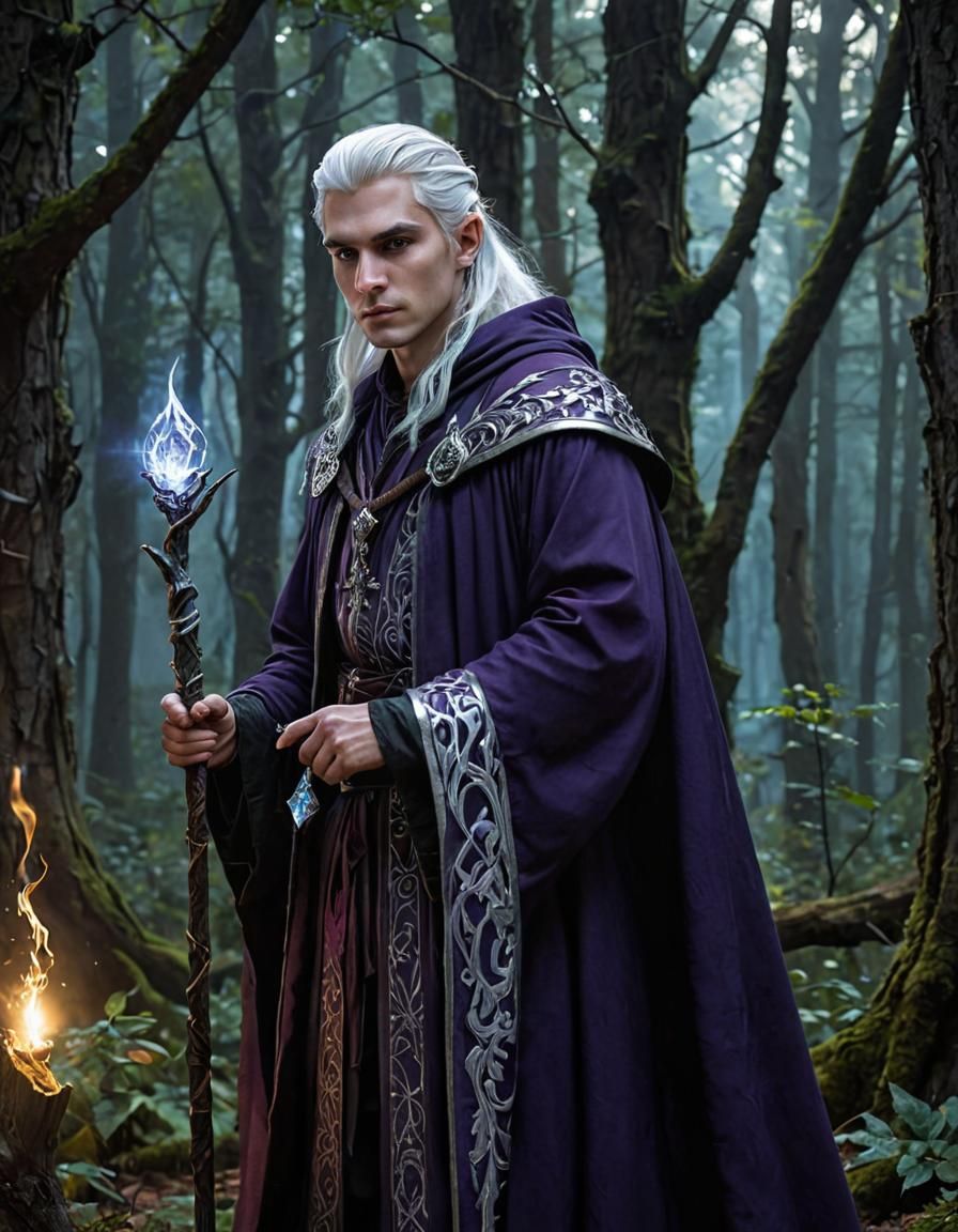 Young Wizard in Dark Fantasy Forest, Art Nouveau Style