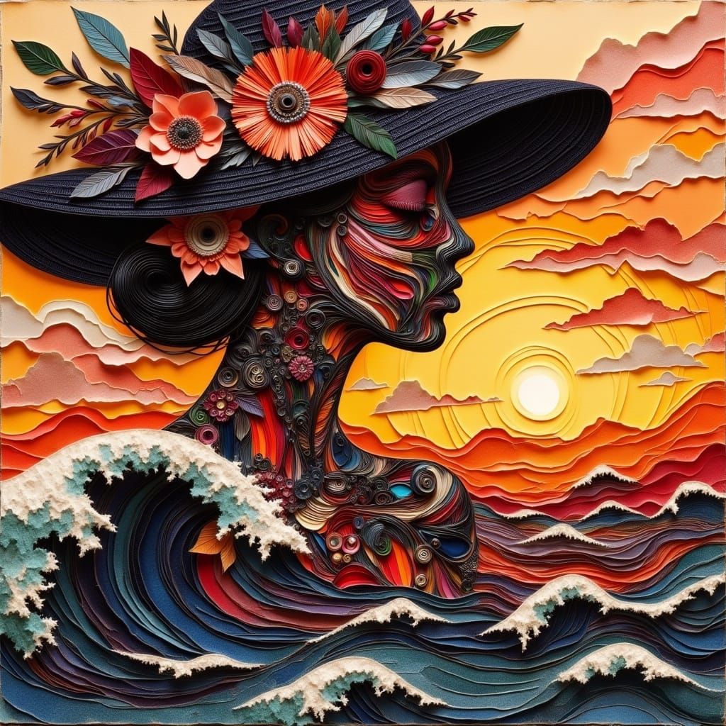 Surreal Sunset Collage in Mixed Media Style