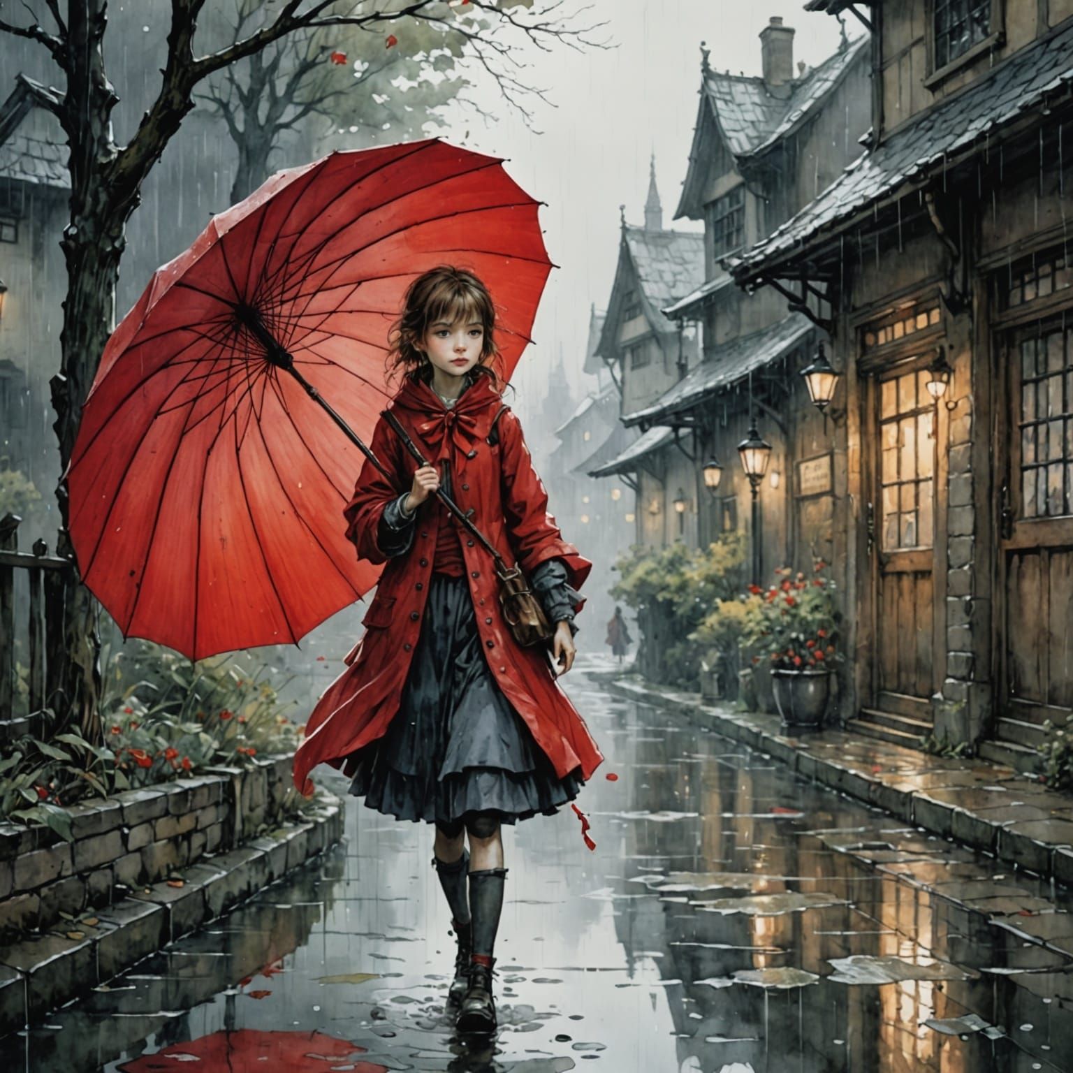 Vibrant Watercolor Fantasy of a Girl in the Rain