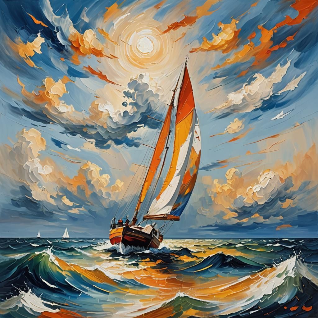 Sailboat in Abstract Expressionism Style Oil Painting