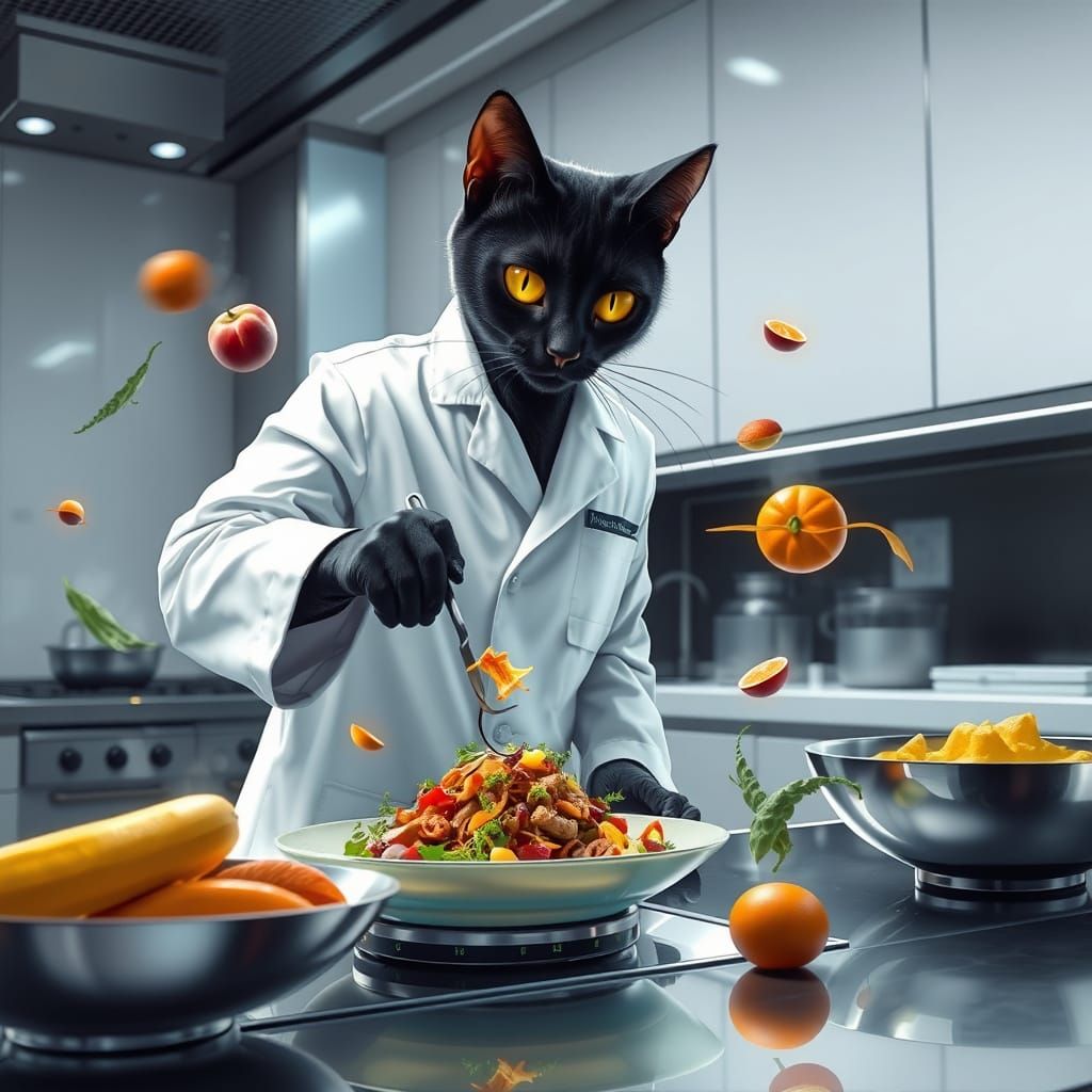 Culinary Cat: Hyperrealistic Bioluminescent Kitchen Scene