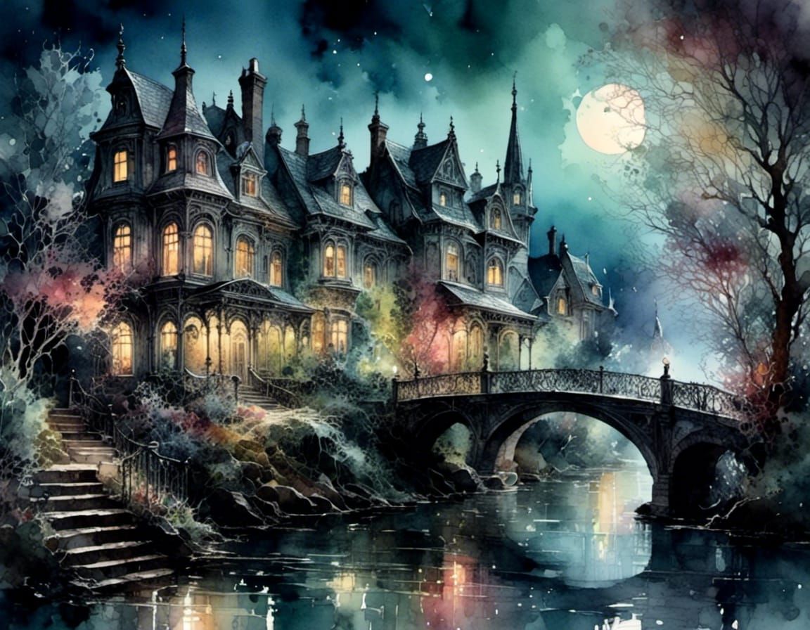 Gothic Seaside Town in Watercolor Under Moonlight