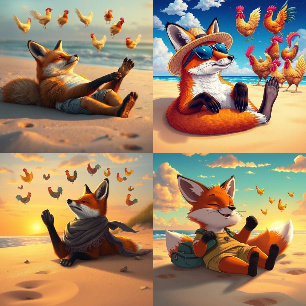 Relaxed Fox Dreaming of Chickens on Beach