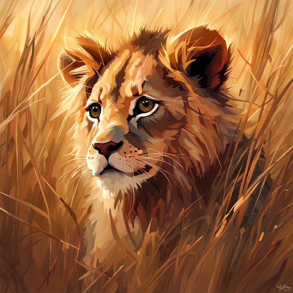 Cute Lion Cub Portrait in Hyperdetailed Style