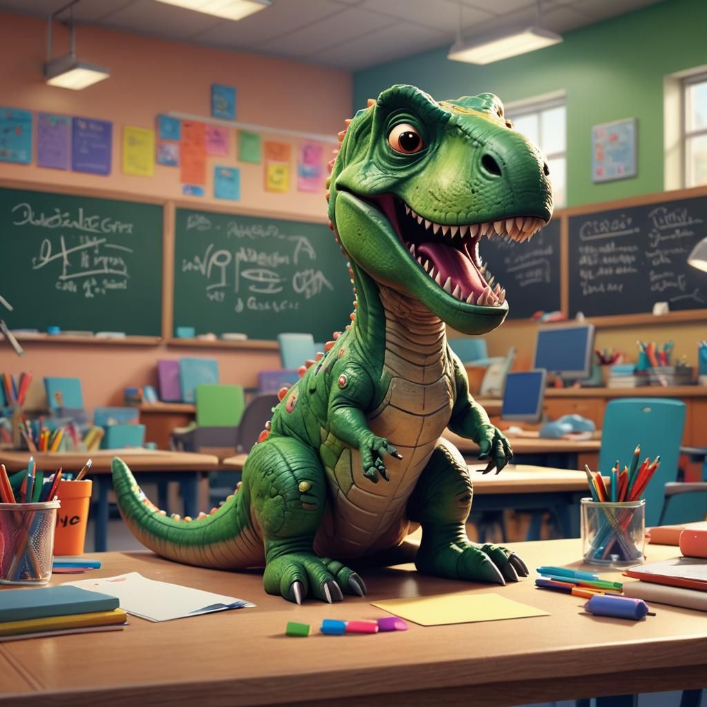 Cute T-Rex in Classroom: Pixar-Style 3D Art
