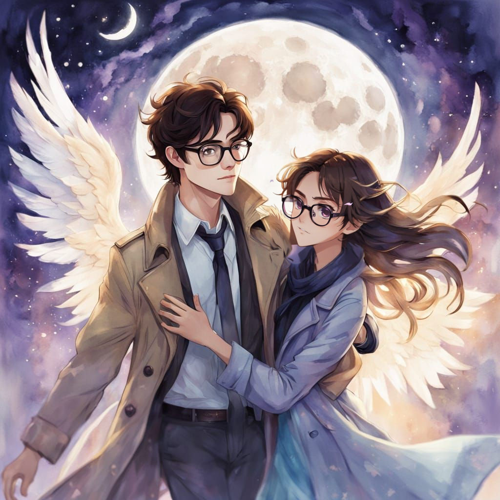 Anime Boy Twirls Teenage Girl with Wings in Moonlit Scene