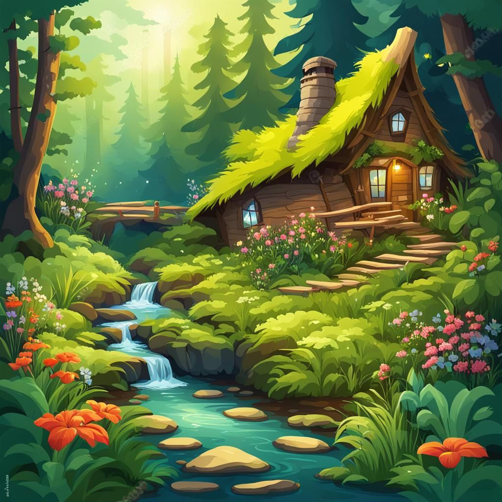 Enchanted Forest Landscape with Stream and Hut