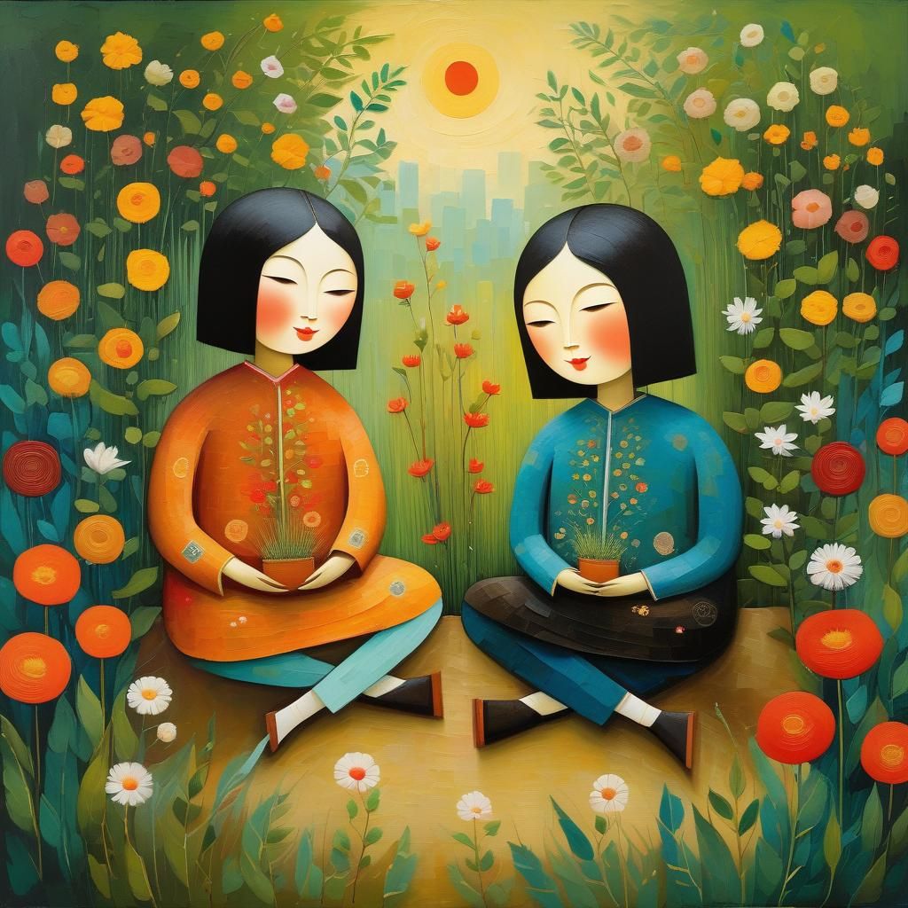 Friends in Garden, Art Brut Impasto Gouache Painting