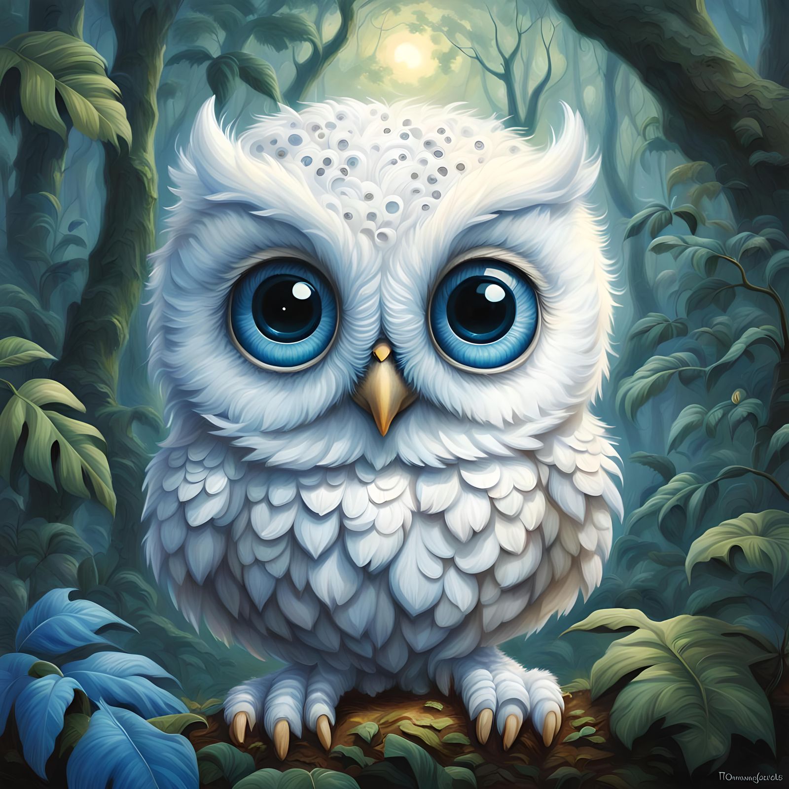 Cute Blue-Eyed Owl in Jungle, Fantasy Art