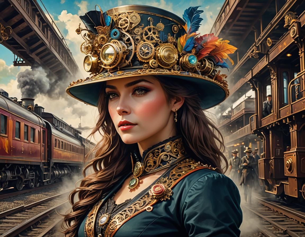 Steampunk Woman with Train in Digital Painting