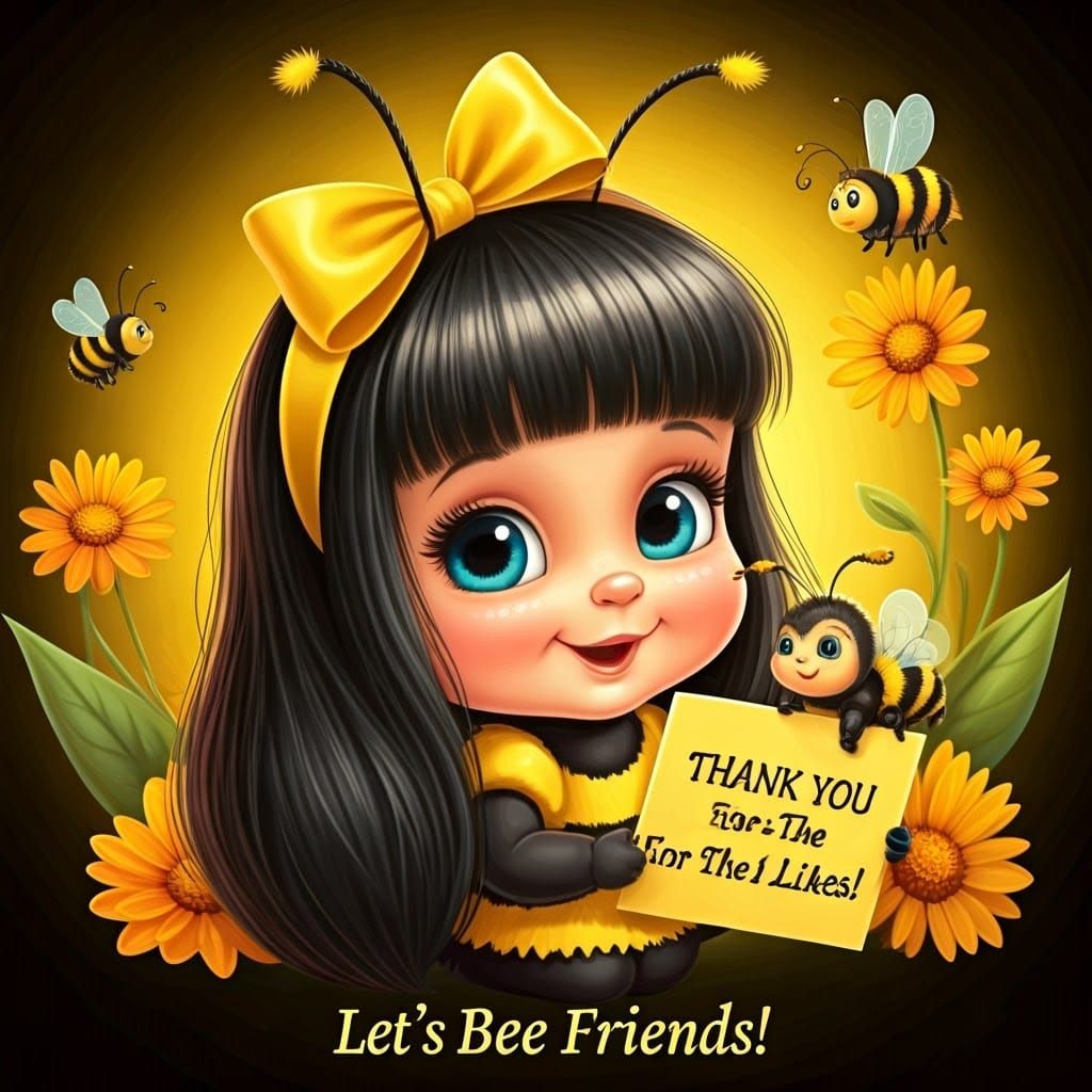 Vibrant Cartoon Bumblebee Girl with Tiny Friend and Whimsica...