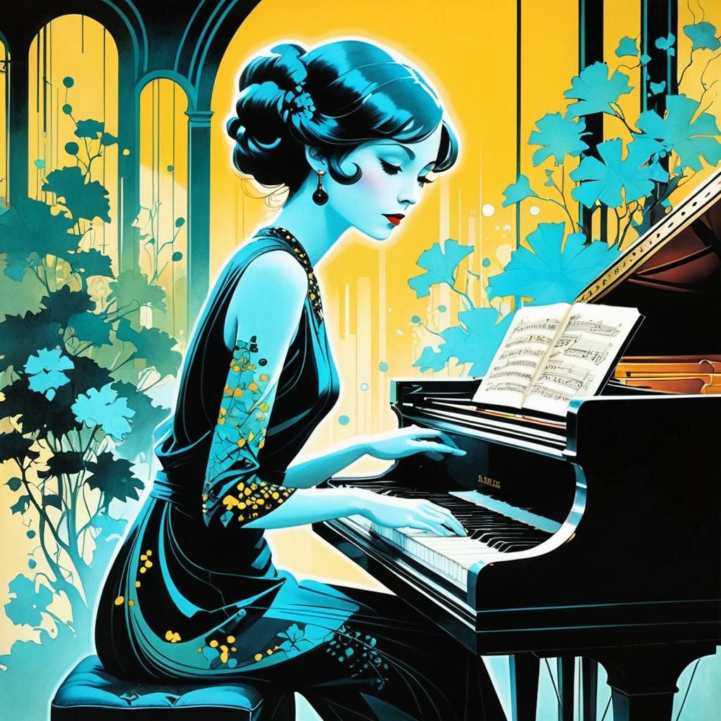 Art Deco Jazz Pianist Double Exposure Portrait