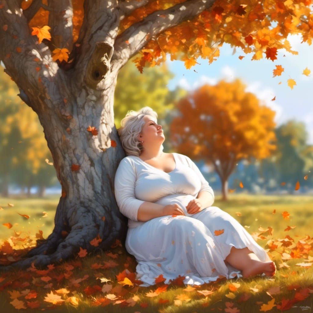 Woman Relaxing Under Oak Tree in Autumn