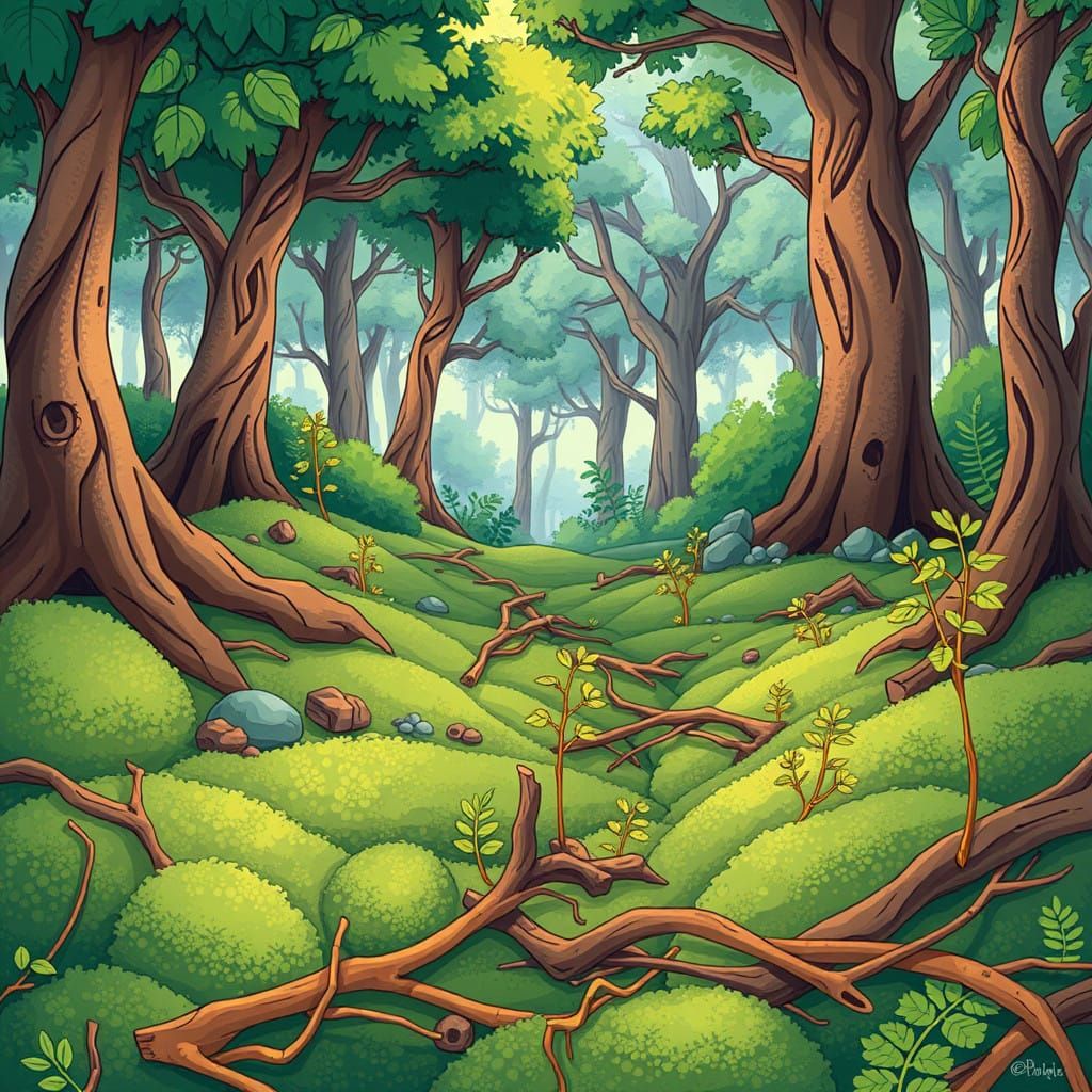 Vibrant Whimsical Cartoon Forest with Emerald Moss and Golde...