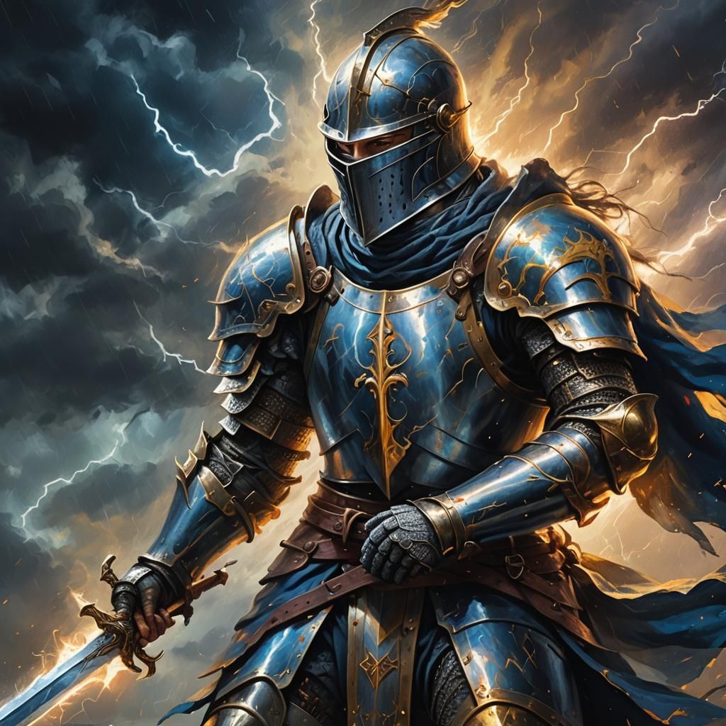 Knight with Sword in Stormy Oil Painting