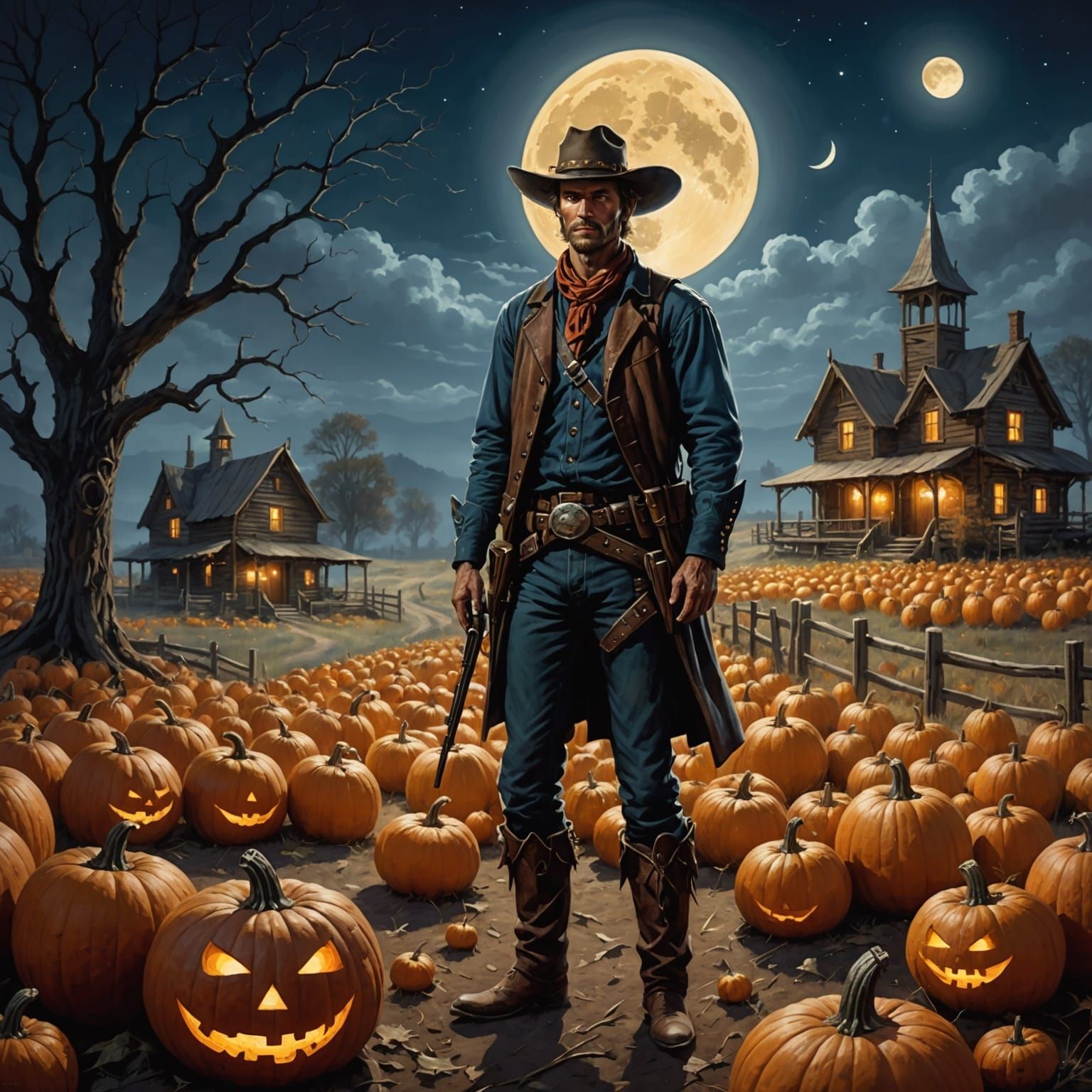 Spectral Cowboy Guards Glowing Pumpkins Under Full Moon
