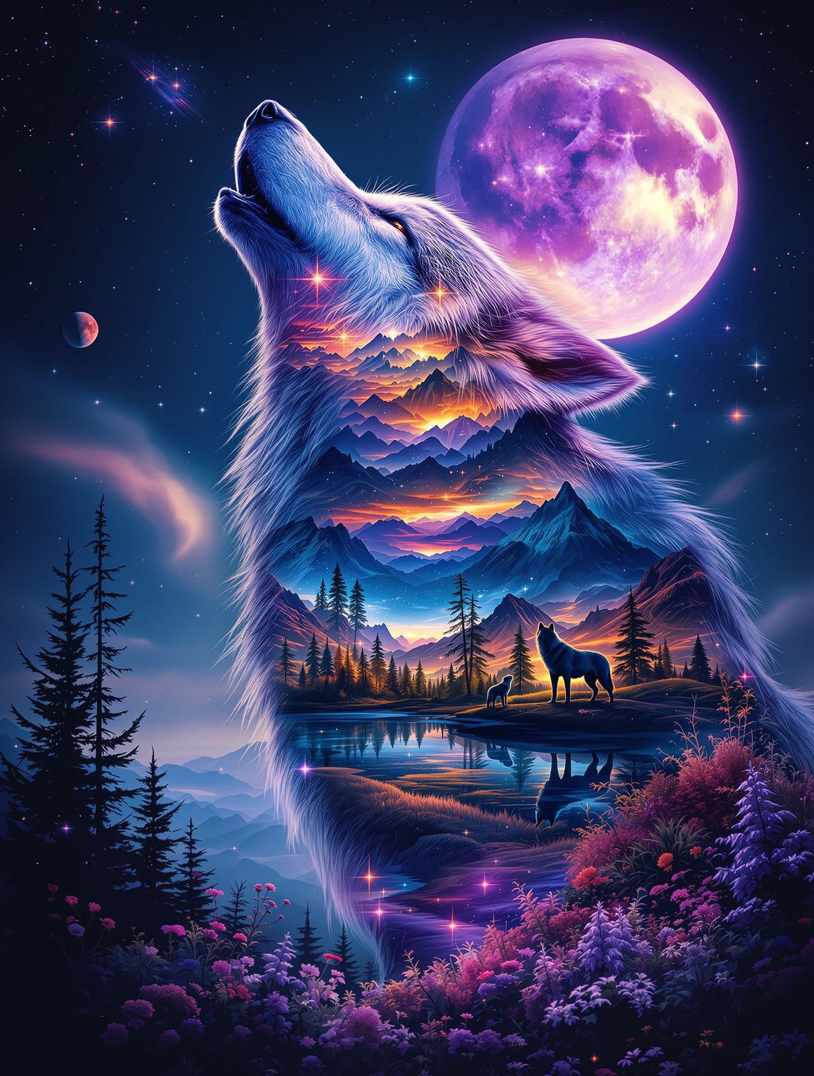 Surreal Wolf Double Exposure with Cosmic Galaxy Landscape