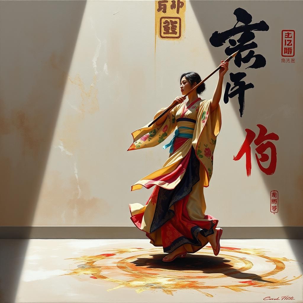 Japanese Princess Dancing with a Brush: Impasto Painting