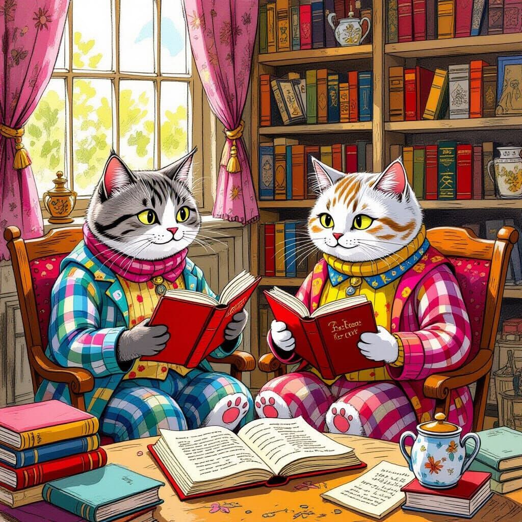 Anthropomorphic Cats Reading in a Cozy Library