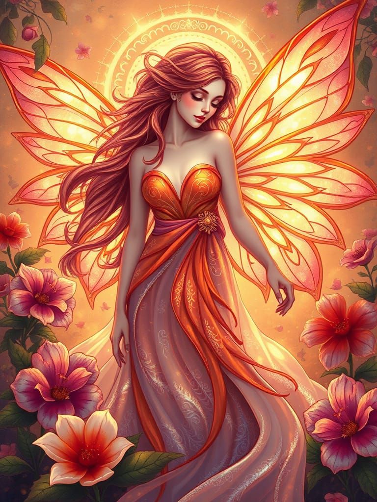 Luminous Fairy Amidst Whirlwind of Blooms in Art Nouveau Sty...