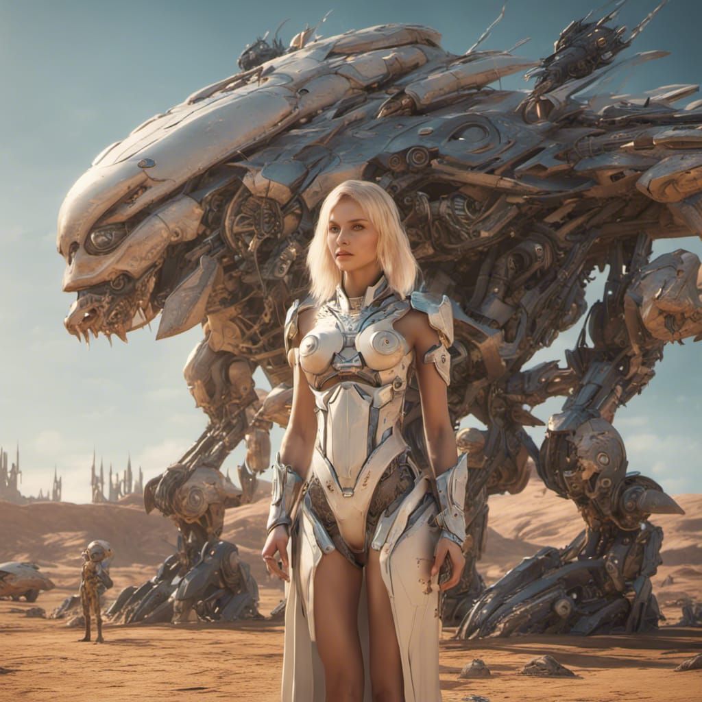 Fantasy Princess with Alien Critters in Sci-Fi Desert