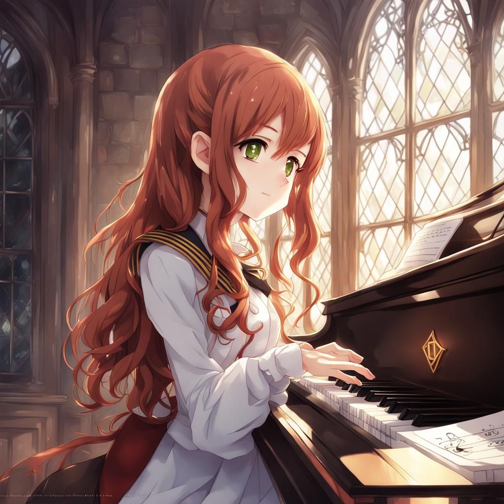 Anime Girl Playing Piano in Castle