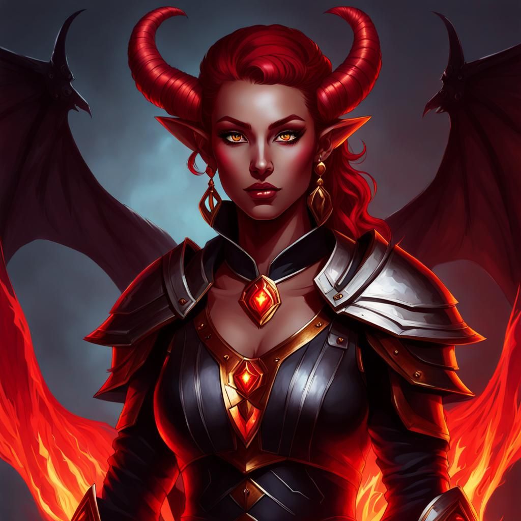 Tiefling Paladin with Demonic Wings and Glowing Eyes