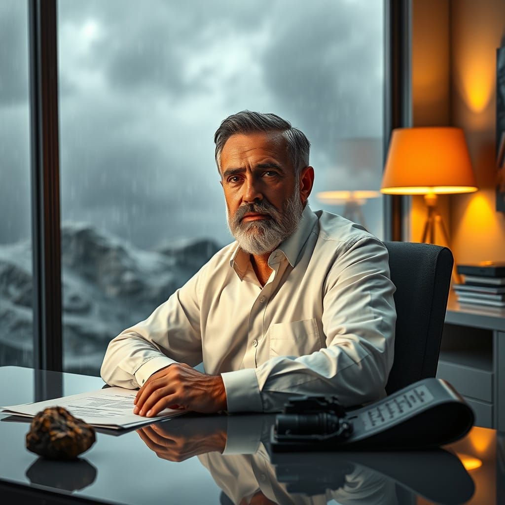 Italian Man in Futuristic Office During Storm