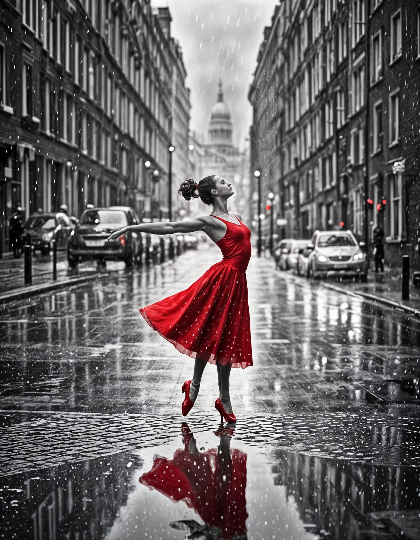 Ballerina in Red Dress Dancing in Grayscale London Rain