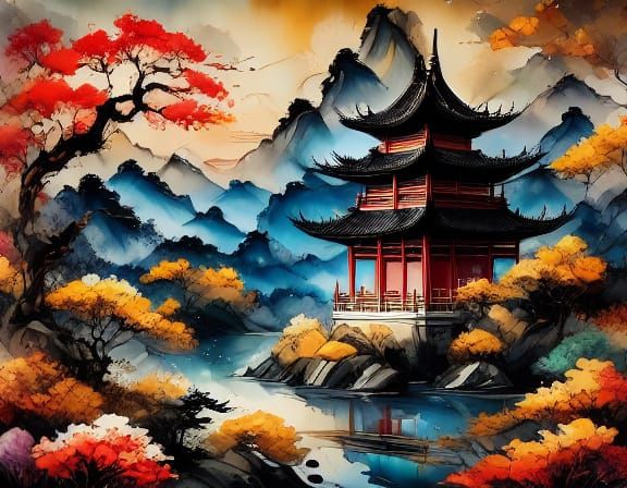 Intricate Chinese Pagoda Illustration in Soft Watercolour