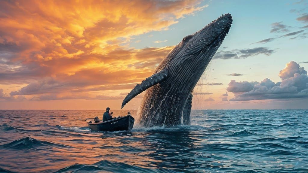 Hyperrealistic Whale Breaching Near Rowboat from Drone View