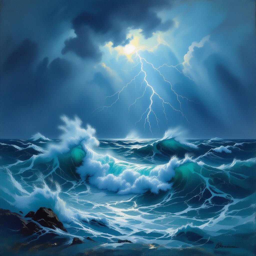 Dramatic Stormy Ocean with Lightning in Impressionistic Styl...