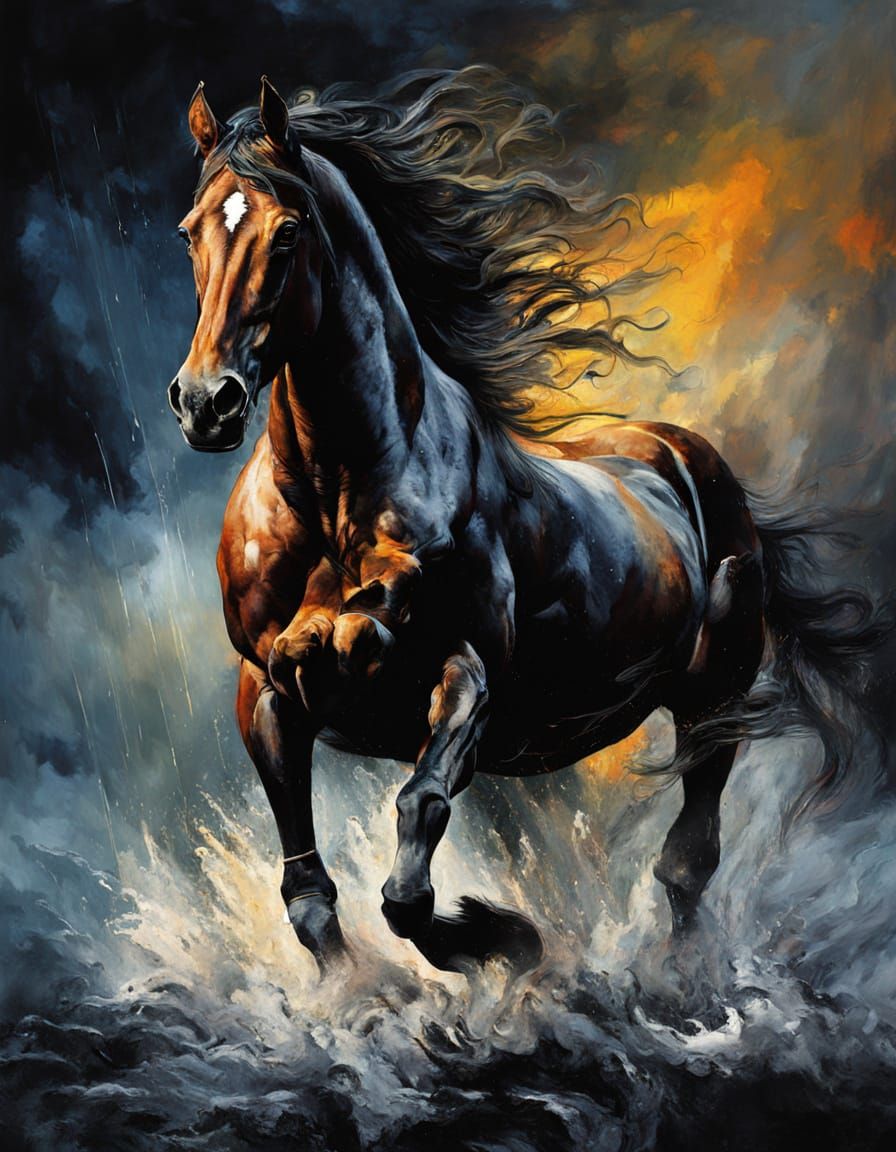 Stormy Equine Portrait in Moody Chiaroscuro Style