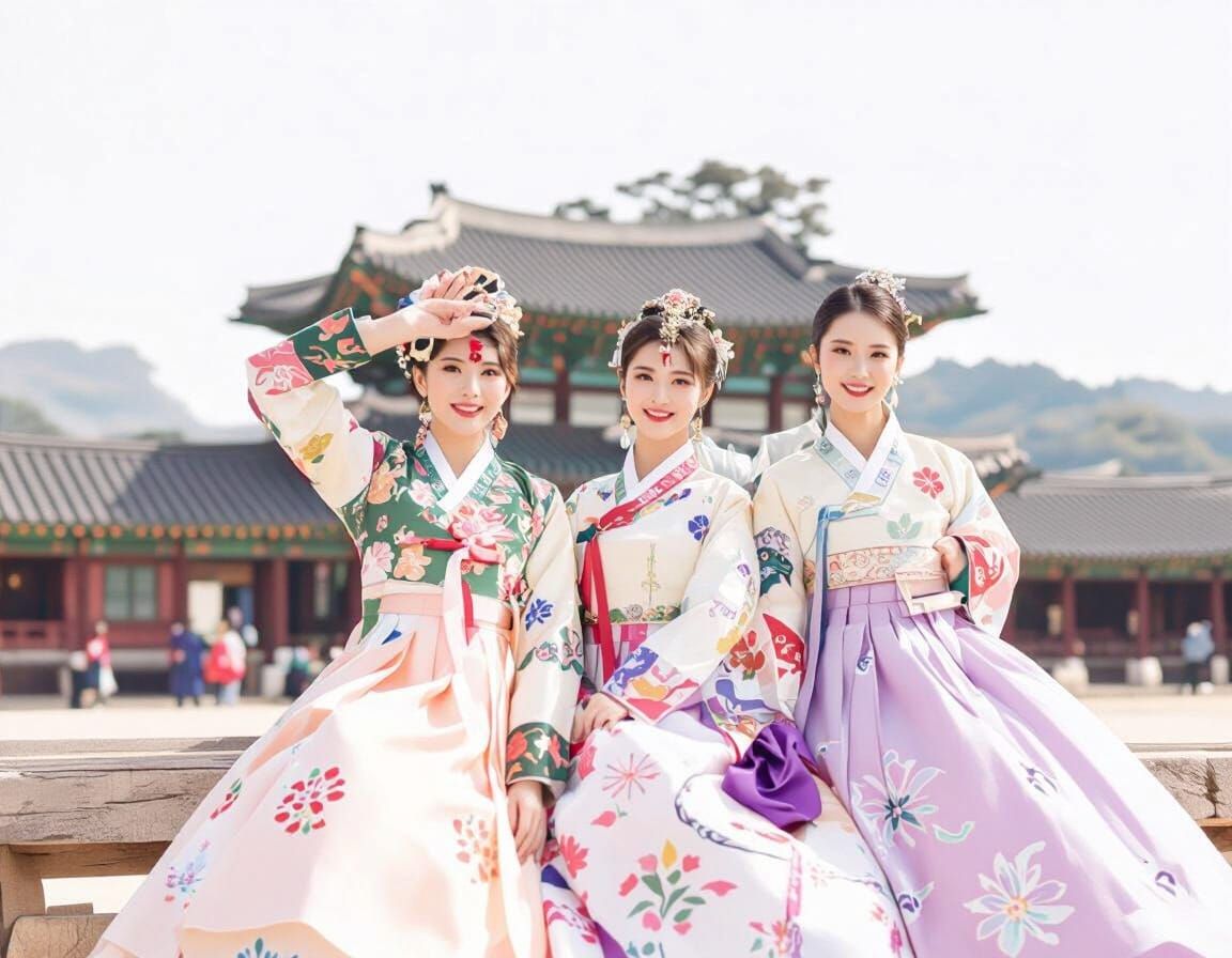 Korean Woman in Ornate Hanbok, Inspired by Folk Art