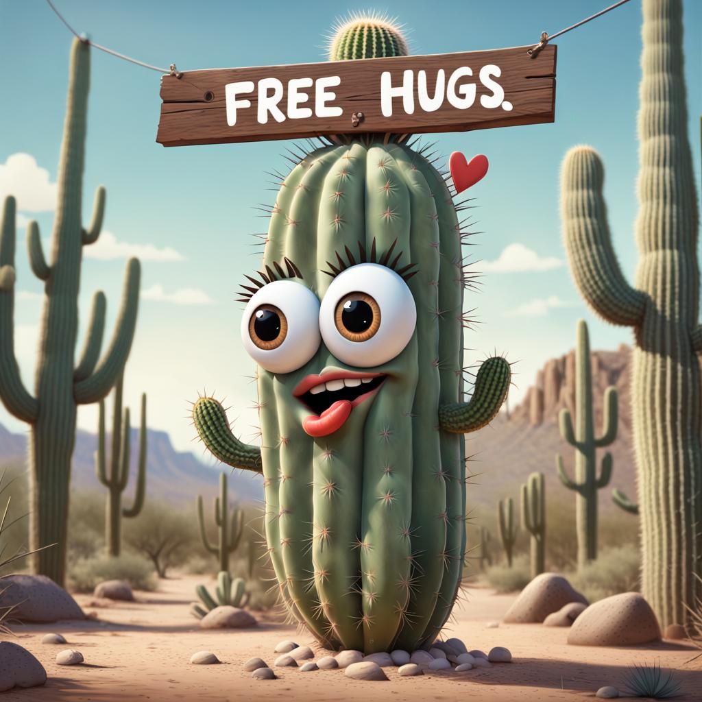 Cheerful Saguaro Cactus Offers Free Hugs: 3D Digital Art