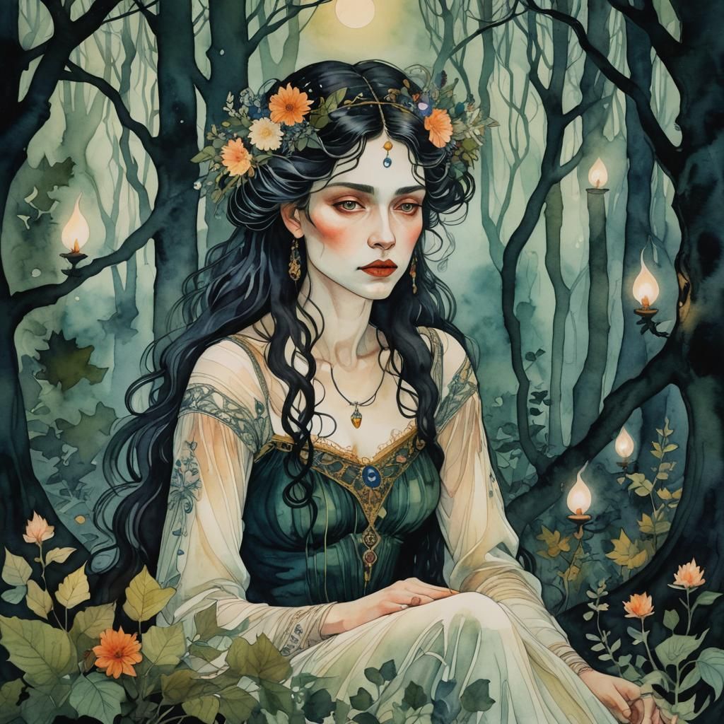Mystical Belladonna in Forest: Watercolor Illustration