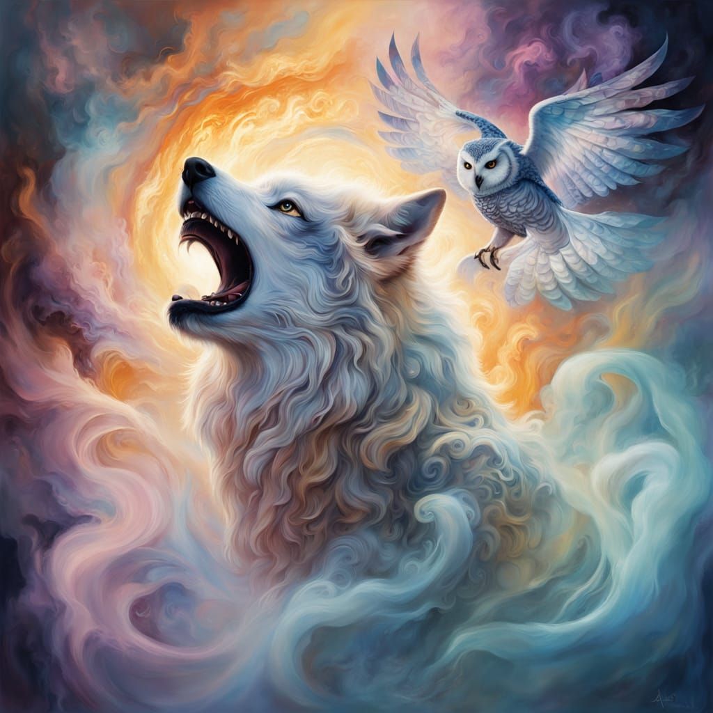Ethereal Wolf and Owl Amidst Iridescent Smoke