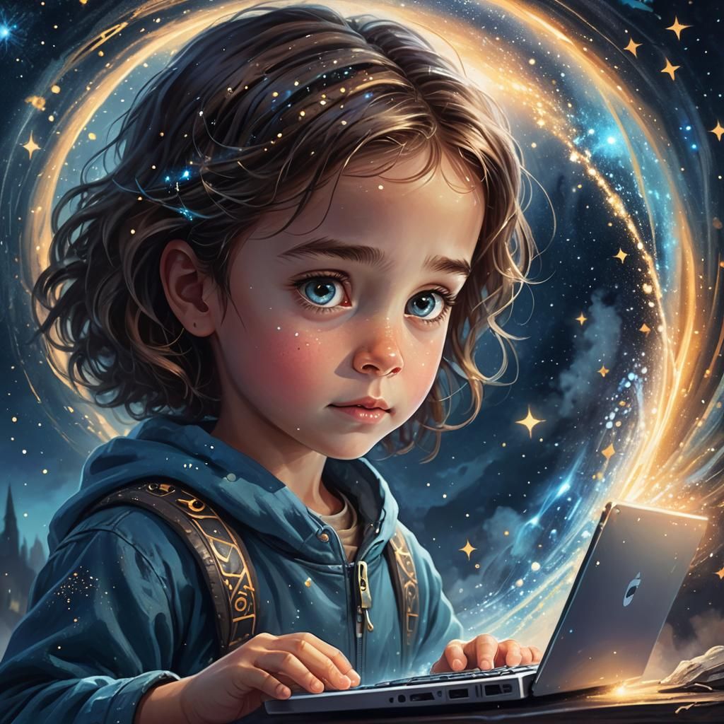 Child Gazes at Portal in Dreamy Digital Art