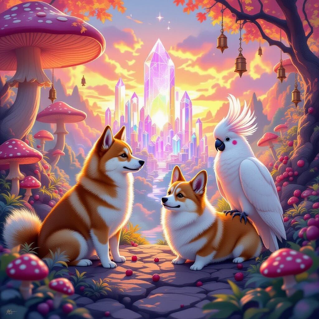 Crystal City Quest: Shiba Inu, Corgi, and Cockatoo