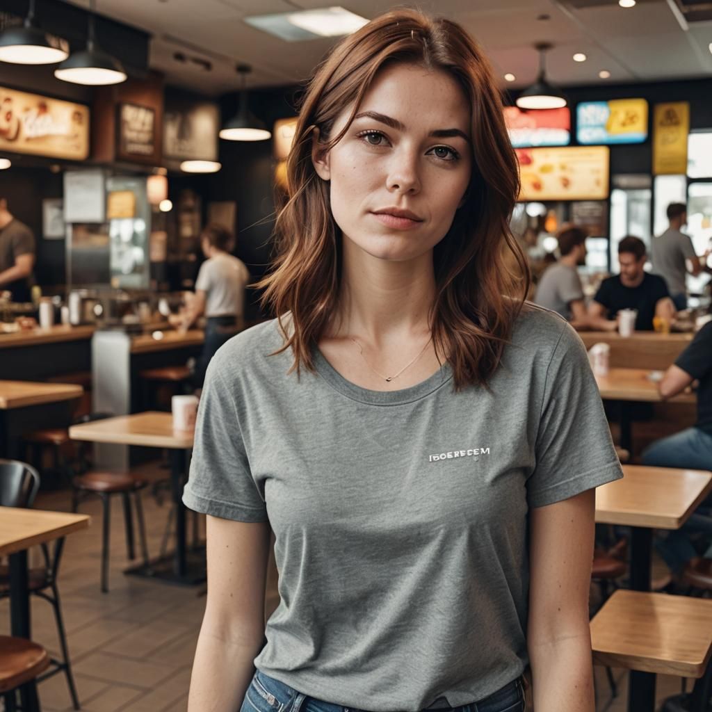 Woman in Fast Food Restaurant Exhibits Insecurity