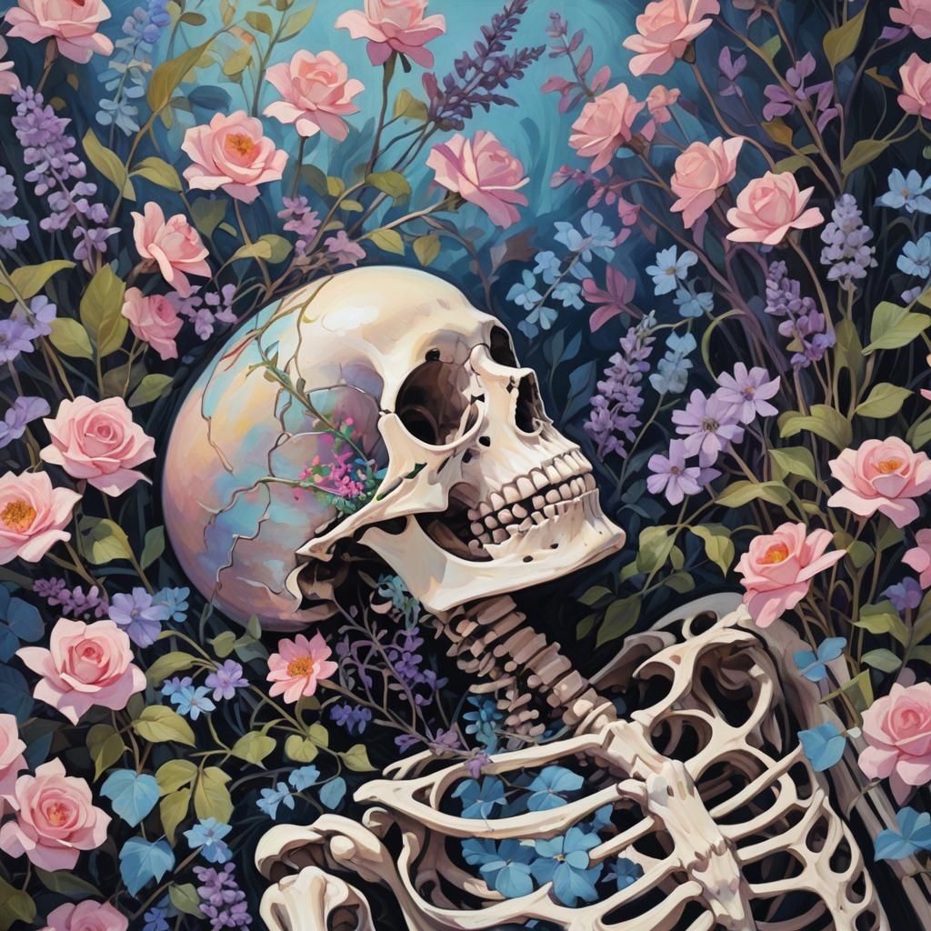 Fauvist Skeleton in Serene Garden with Flowers