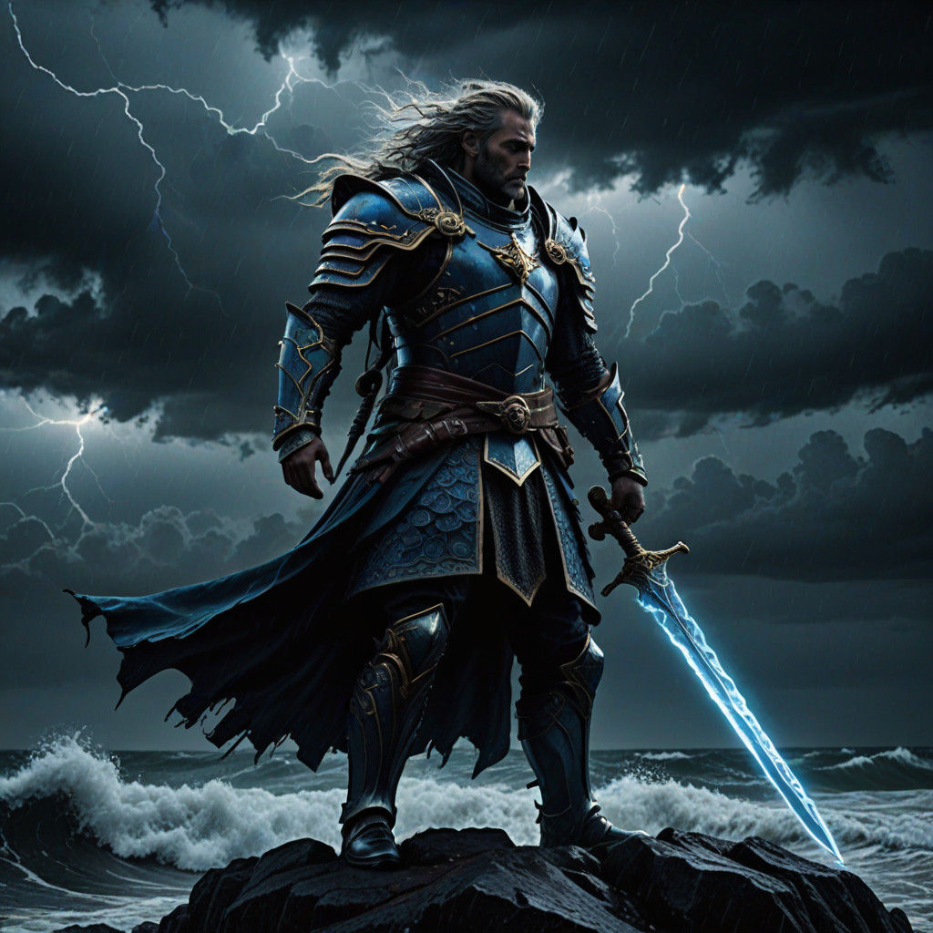 Heroic Dark Fantasy Warrior in Stormy Landscape