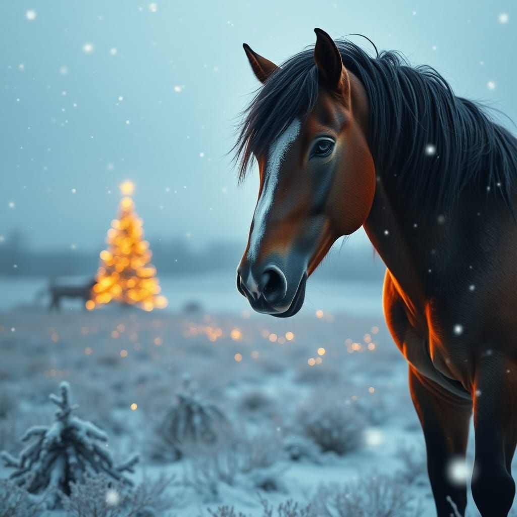 Majestic Horse in Snowy Christmas Landscape