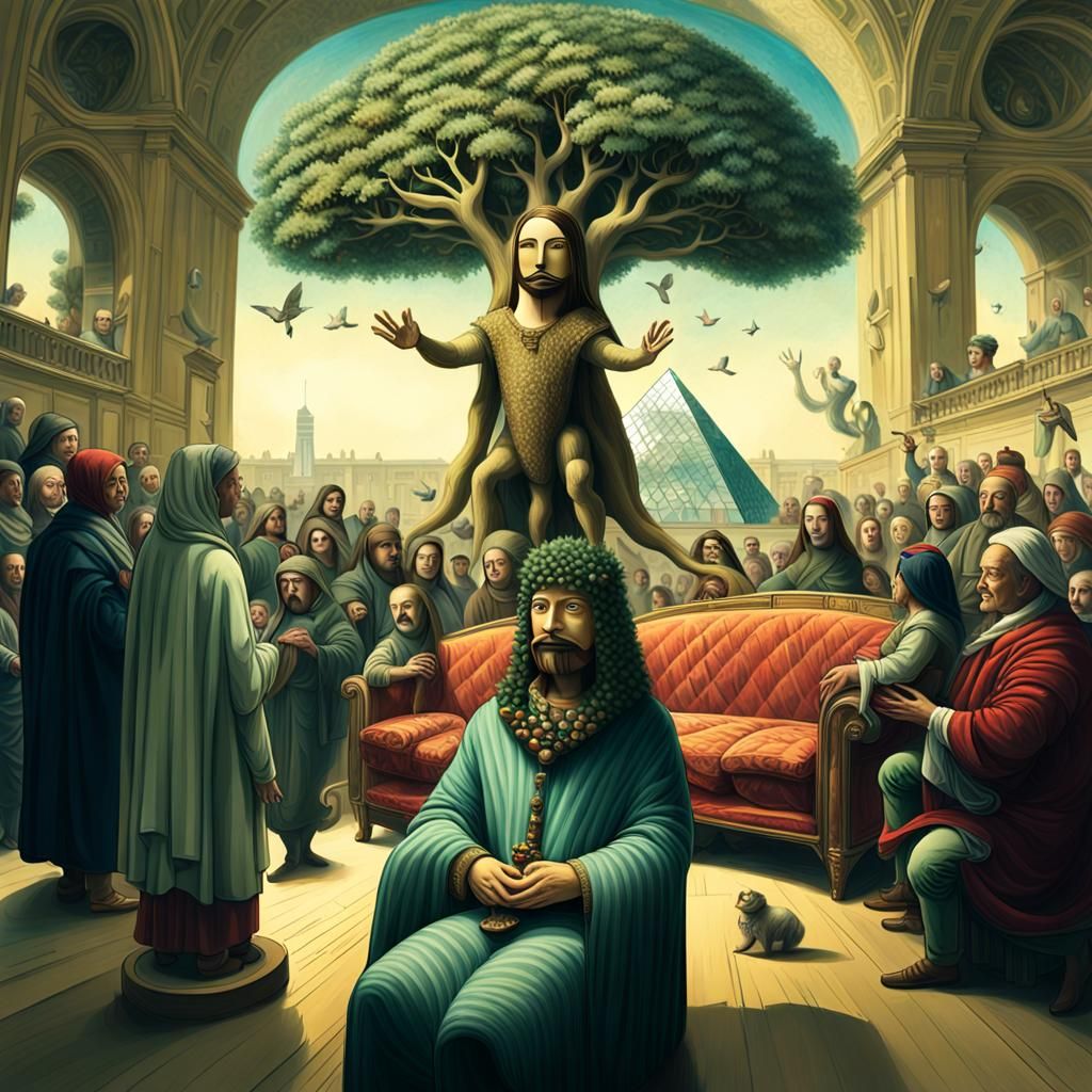 Surreal Tree-Man with Mona Lisa Smile in Dreamscape