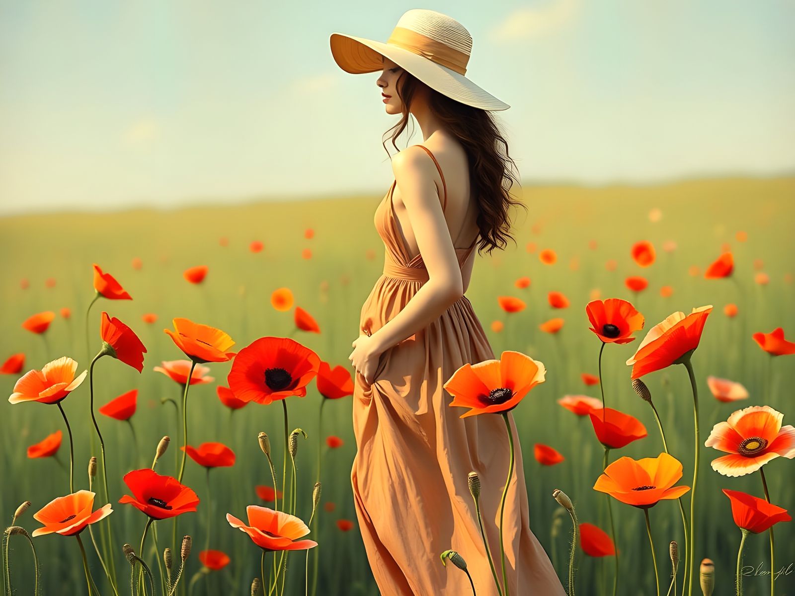 Woman in a Vibrant Field of Poppies in Degas-Inspired Gouach...