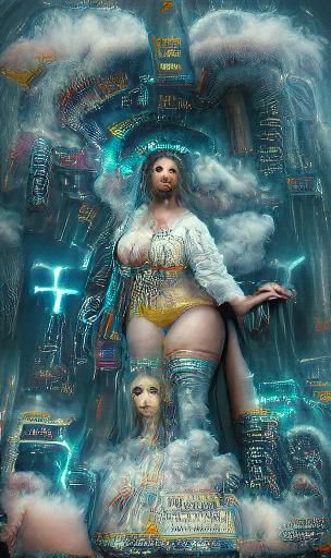 Cyberpunk Goddess with Steampunk Engine in Ethereal Mist