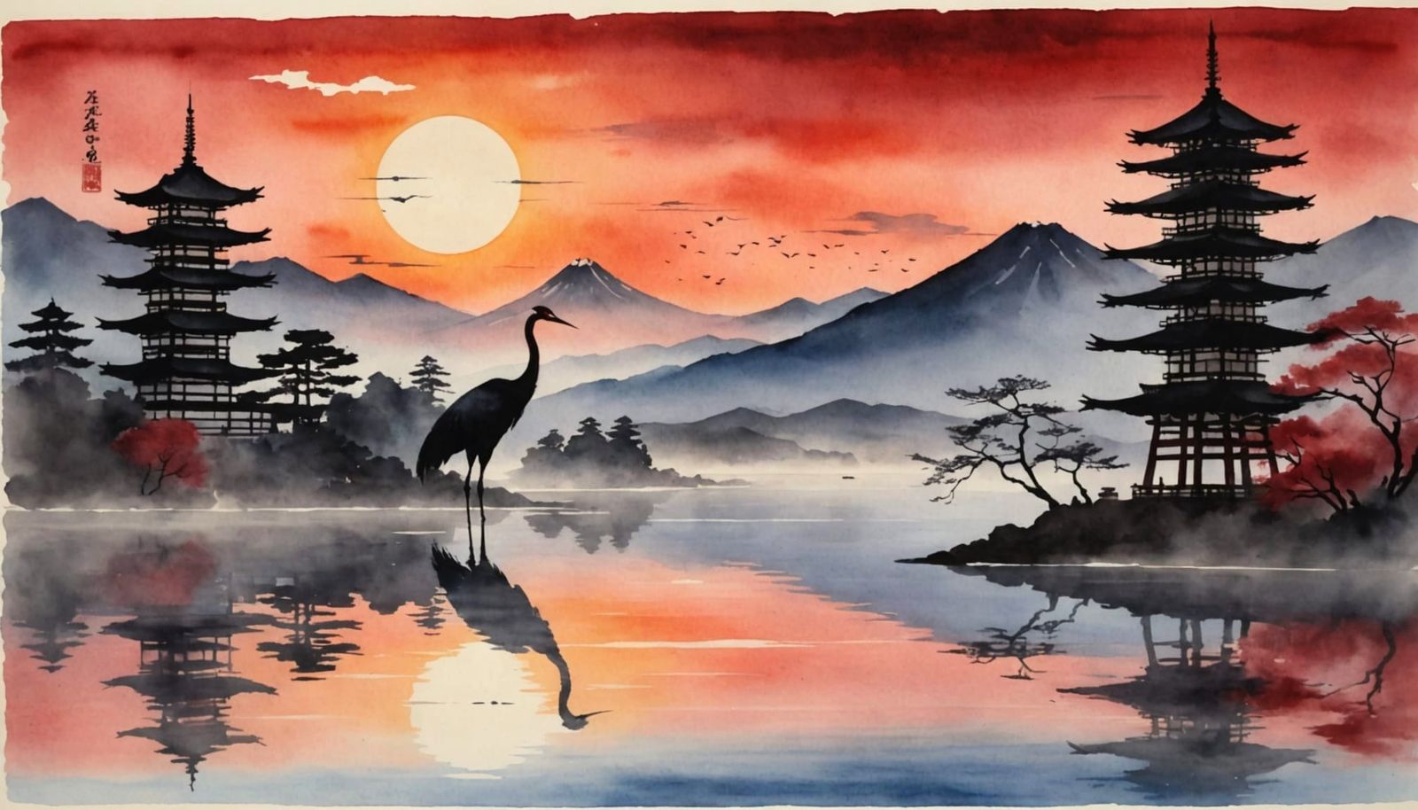 Japanese Crane Silhouette in Dreamlike Watercolor Sunset